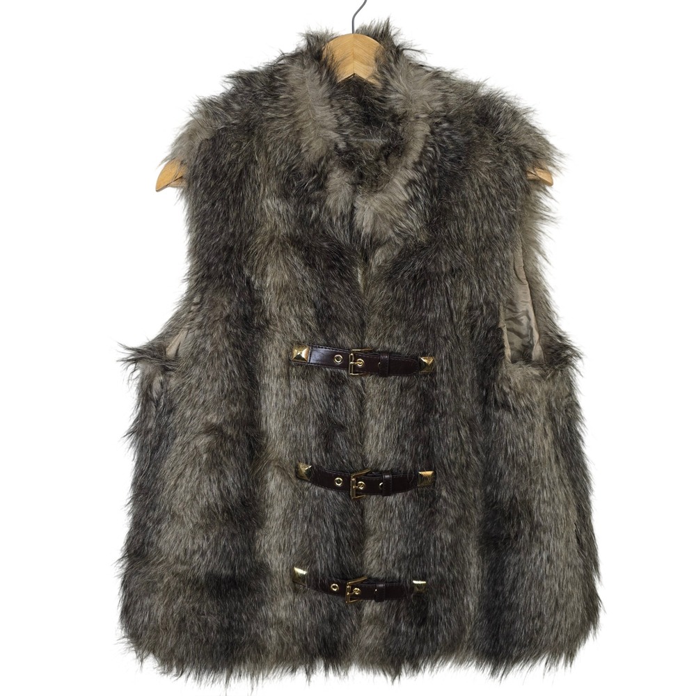 Michael Kors Women XL Faux Coyote Fur Buckle Front Vest Khaki NWT